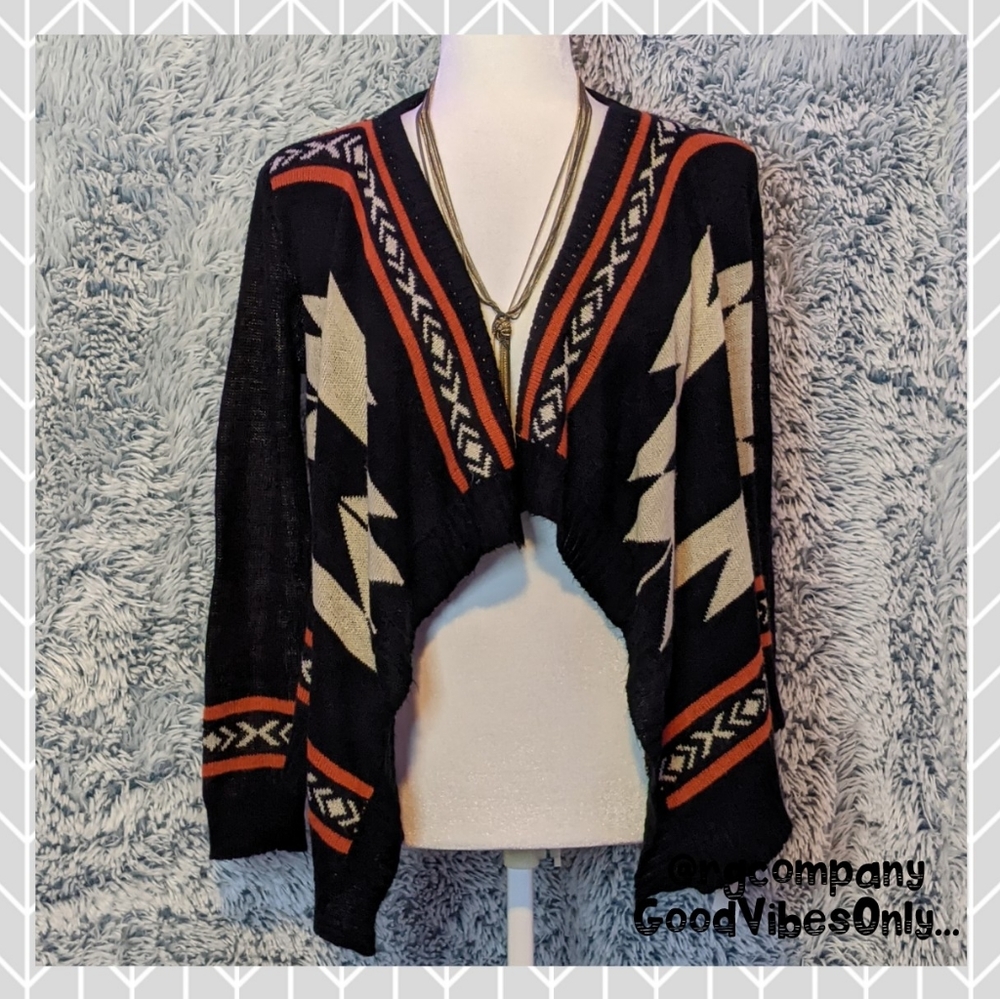 π 2/$30 Roly Poly β Women's Boho S / M Aztec Black Wrap Open Cardigan Sweater - Picture 1 of 8